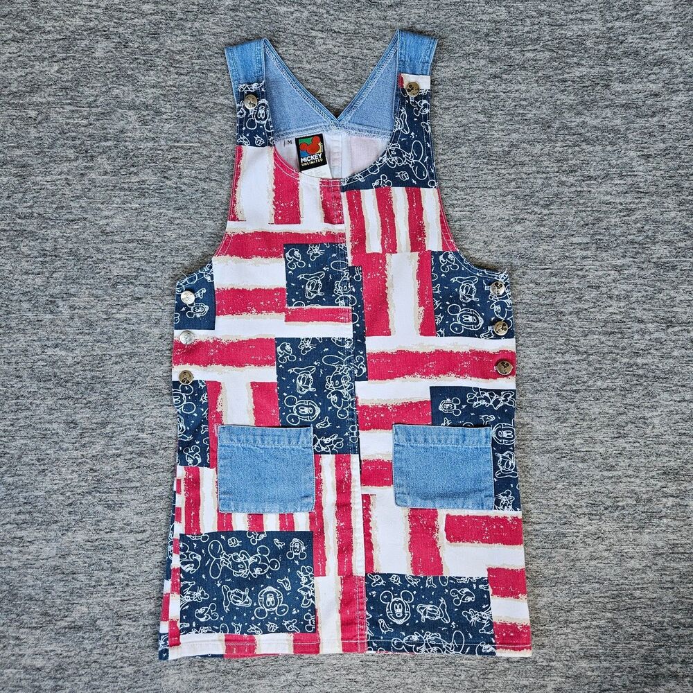 Vintage 90s Disney Mickey Unlimited M Denim Jumper Dress American Flag Patchwork